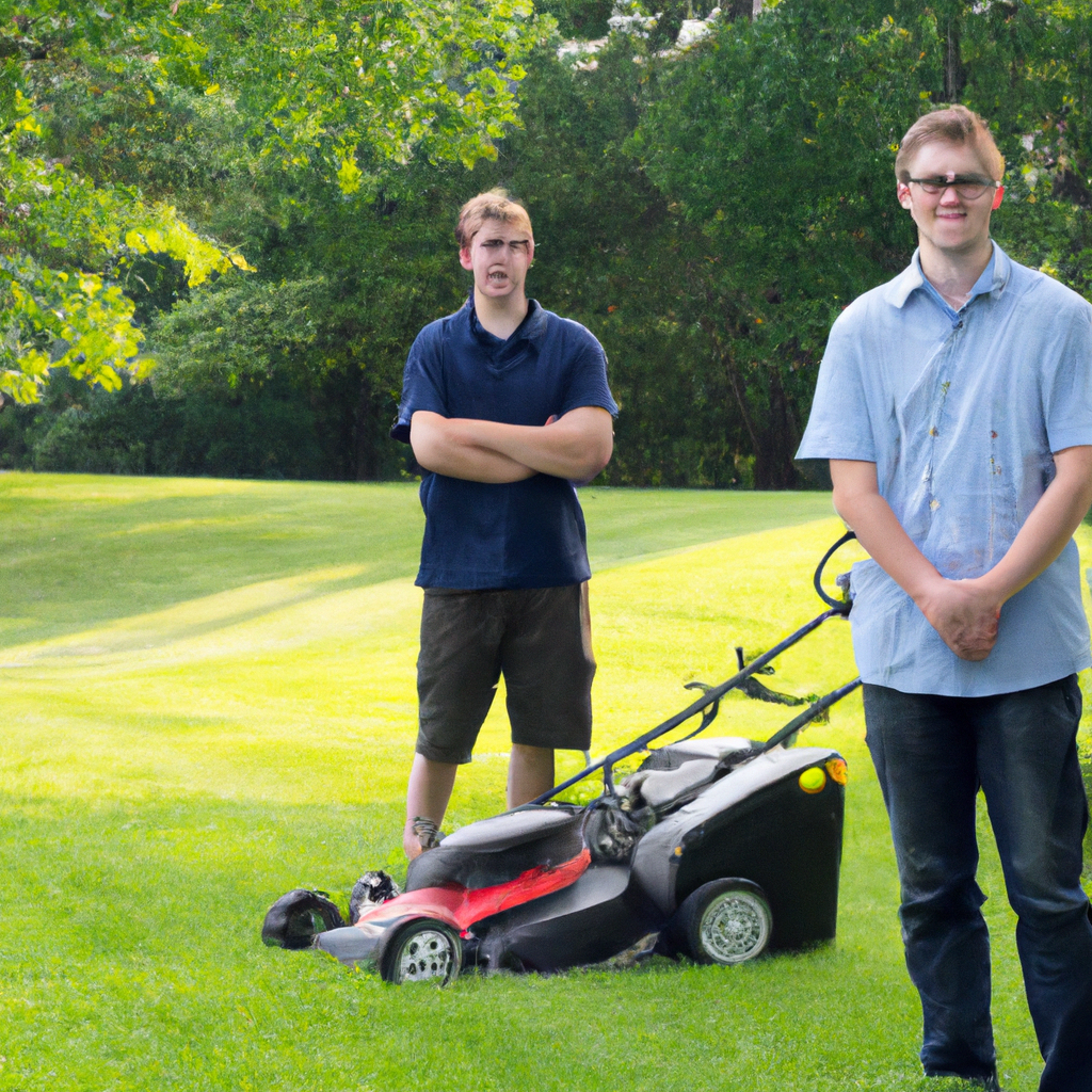 LawnCare Pro team smiling with electric mowers in a sunny Canadian park